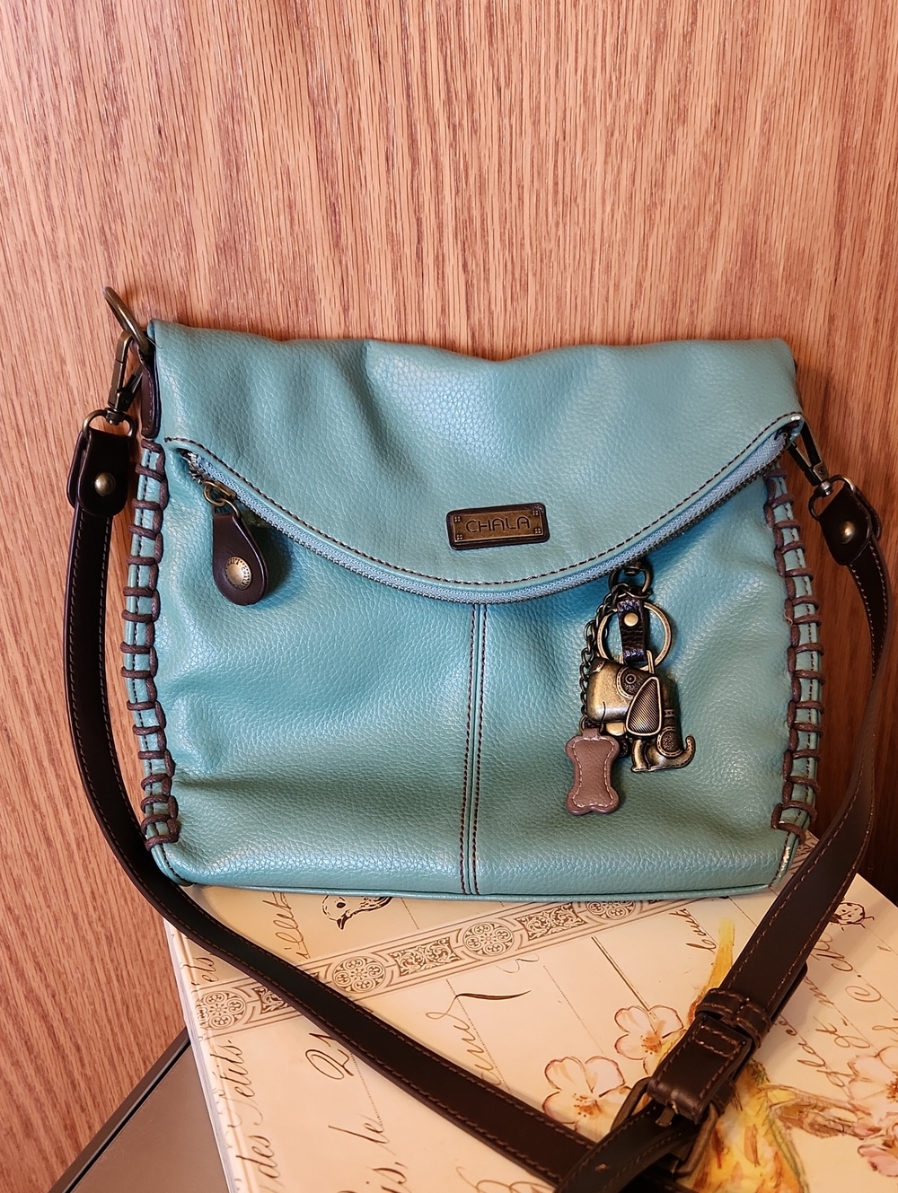 Chala Teal Shoulder Bag with Dog Charm
